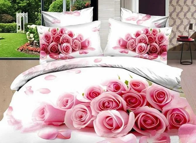 3D Bunch of Pink Roses Printed Cotton Luxury 4-Piece White Bedding Sets