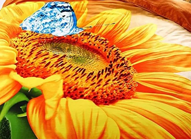 3D Sunflower and Blue Butterfly Printed Cotton Luxury 4-Piece Bedding Sets