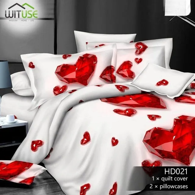 3Pcs Queen Size Luxury 3D Rose Bedding SetS Red Color Bedclothes Comforter Cover Set Wedding Bed Duvet Quilt Cover Pillowcase