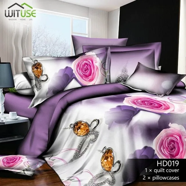 3Pcs Queen Size Luxury 3D Rose Bedding SetS Red Color Bedclothes Comforter Cover Set Wedding Bed Duvet Quilt Cover Pillowcase