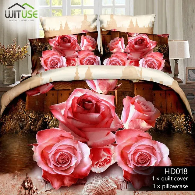 3Pcs Queen Size Luxury 3D Rose Bedding SetS Red Color Bedclothes Comforter Cover Set Wedding Bed Duvet Quilt Cover Pillowcase