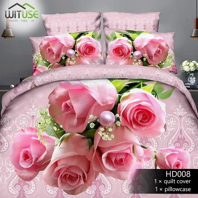 3Pcs Queen Size Luxury 3D Rose Bedding SetS Red Color Bedclothes Comforter Cover Set Wedding Bed Duvet Quilt Cover Pillowcase