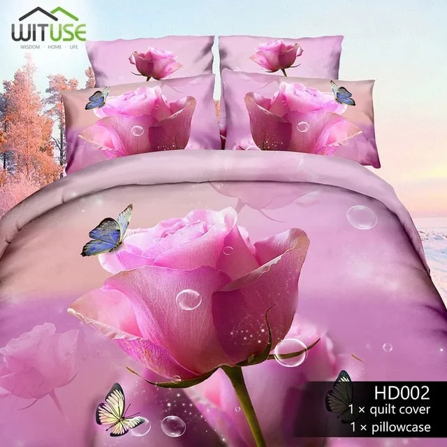 3Pcs Queen Size Luxury 3D Rose Bedding SetS Red Color Bedclothes Comforter Cover Set Wedding Bed Duvet Quilt Cover Pillowcase