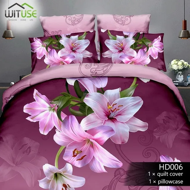 3Pcs Queen Size Luxury 3D Rose Bedding SetS Red Color Bedclothes Comforter Cover Set Wedding Bed Duvet Quilt Cover Pillowcase