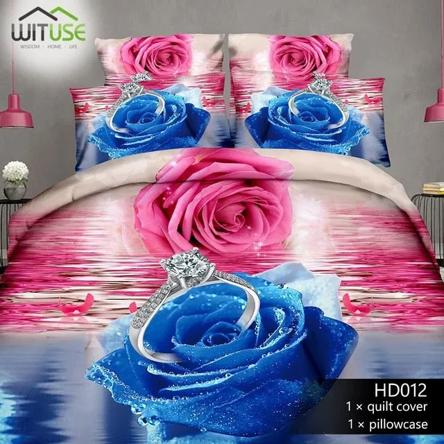 3Pcs Queen Size Luxury 3D Rose Bedding SetS Red Color Bedclothes Comforter Cover Set Wedding Bed Duvet Quilt Cover Pillowcase