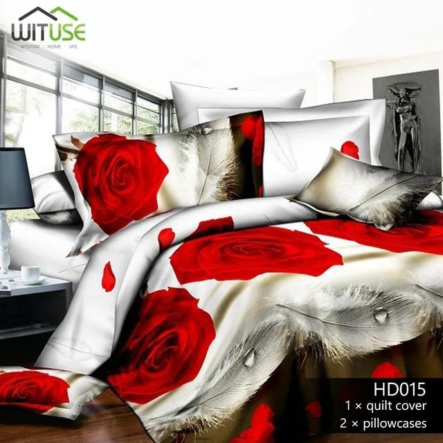 3Pcs Queen Size Luxury 3D Rose Bedding SetS Red Color Bedclothes Comforter Cover Set Wedding Bed Duvet Quilt Cover Pillowcase