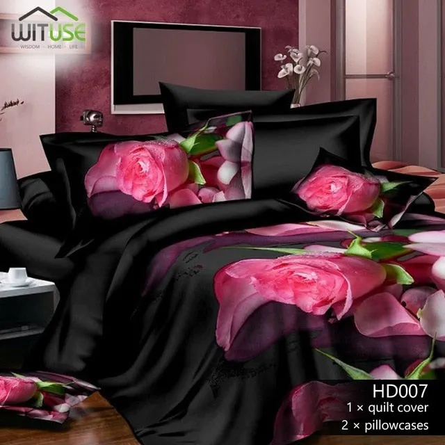 3Pcs Queen Size Luxury 3D Rose Bedding SetS Red Color Bedclothes Comforter Cover Set Wedding Bed Duvet Quilt Cover Pillowcase