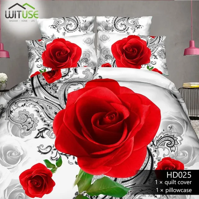 3Pcs Queen Size Luxury 3D Rose Bedding SetS Red Color Bedclothes Comforter Cover Set Wedding Bed Duvet Quilt Cover Pillowcase