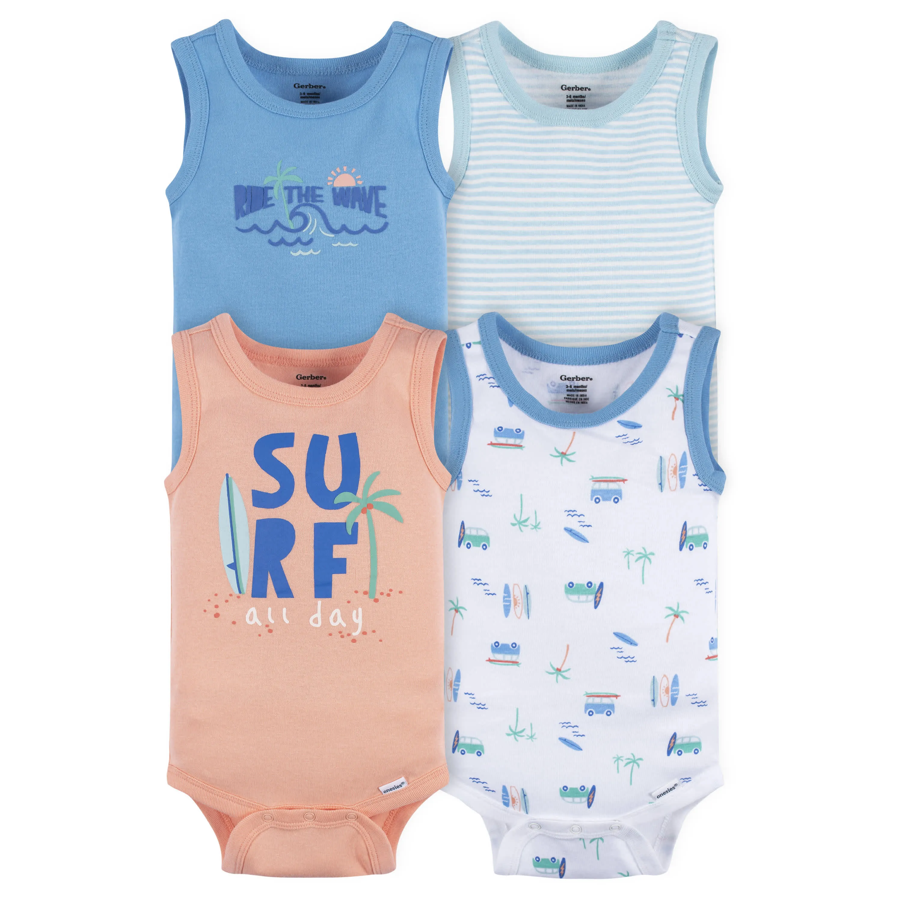 4-Pack Baby Boys Surf Beach Sleeveless Onesies® Bodysuits