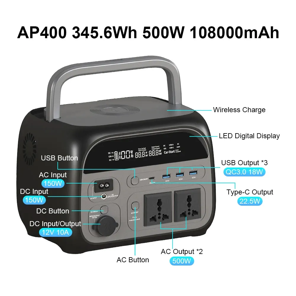 500W Portable Power Station 345.6Wh 108000mAh Solar Generator LiFePo4 Batteries 220V Energy Storage Supply Camping Campervan RV