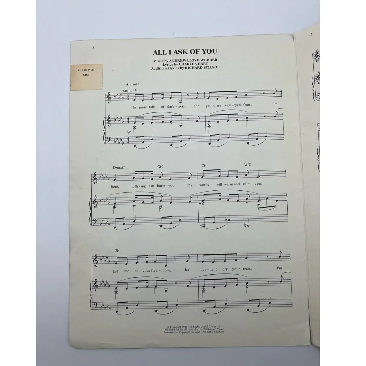 All I Ask of You Phantom of the Opera vintage sheet music