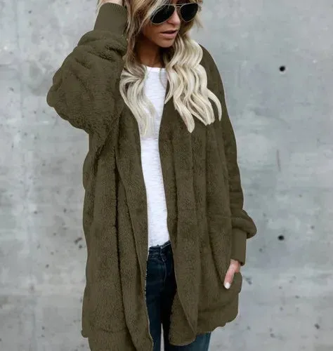 Autumn Winter Double Fleece Cardigan Jacket Women Solid Color Long Sleeve Plush Warm Hooded Lady Jacket Oversized Outerwear Coat