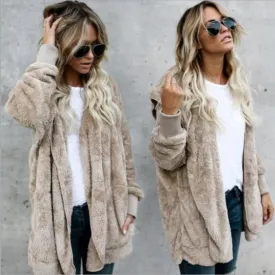 Autumn Winter Double Fleece Cardigan Jacket Women Solid Color Long Sleeve Plush Warm Hooded Lady Jacket Oversized Outerwear Coat