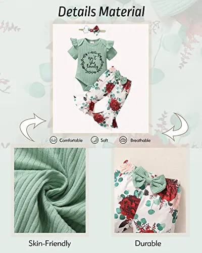 Baby Girl Clothes 0-3 Months Newborn Infant Outfits Summer One Piece Romper Letter Tops Flower Flare Pants baby girls' clothing Set Cute Headband Gifts Green