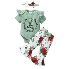 Baby Girl Clothes 0-3 Months Newborn Infant Outfits Summer One Piece Romper Letter Tops Flower Flare Pants baby girls' clothing Set Cute Headband Gifts Green