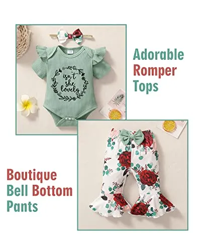 Baby Girl Clothes 0-3 Months Newborn Infant Outfits Summer One Piece Romper Letter Tops Flower Flare Pants baby girls' clothing Set Cute Headband Gifts Green