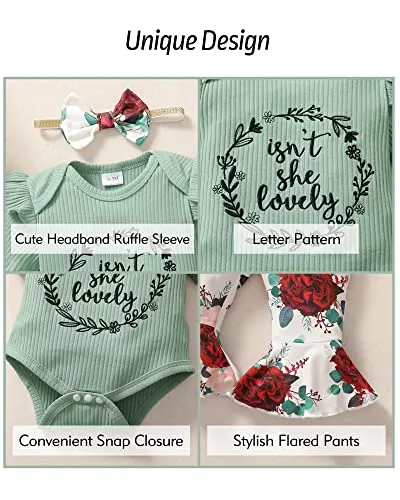 Baby Girl Clothes 0-3 Months Newborn Infant Outfits Summer One Piece Romper Letter Tops Flower Flare Pants baby girls' clothing Set Cute Headband Gifts Green