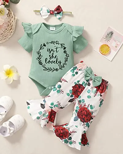 Baby Girl Clothes 0-3 Months Newborn Infant Outfits Summer One Piece Romper Letter Tops Flower Flare Pants baby girls' clothing Set Cute Headband Gifts Green