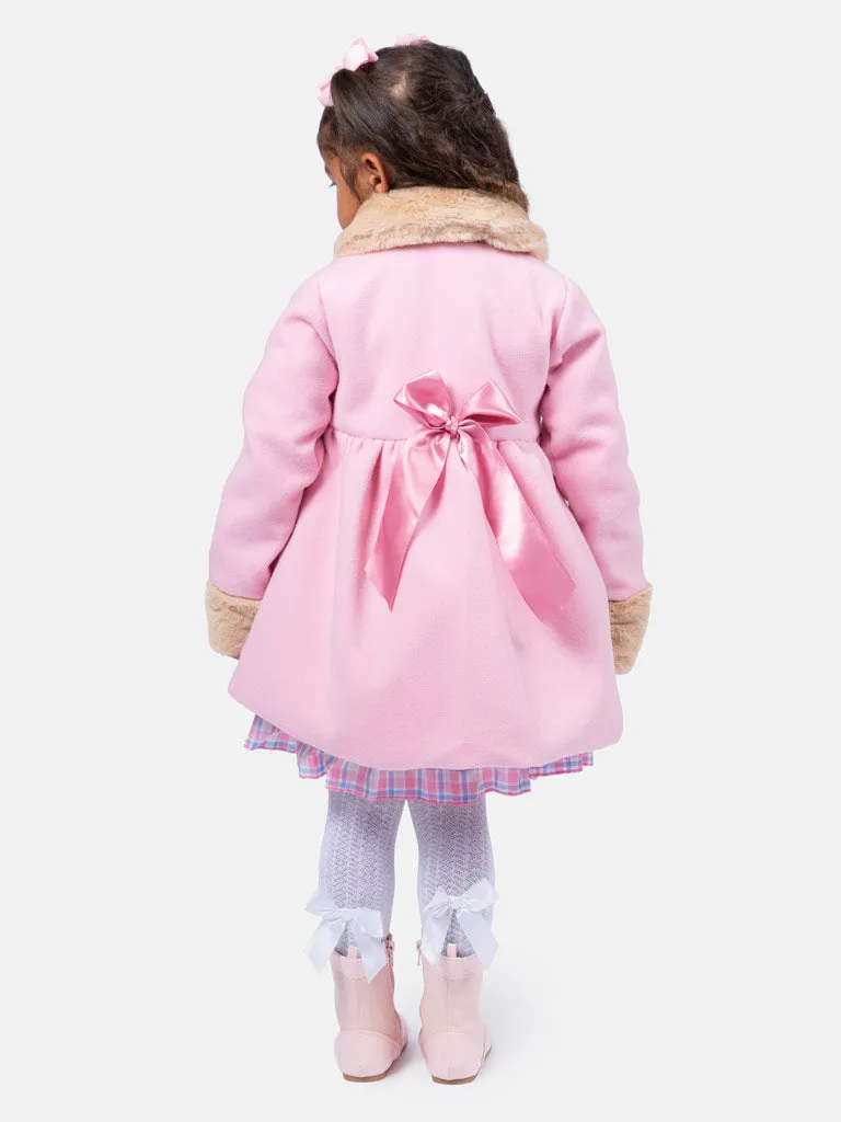 Baby Girl Elegant Coat with Fur and Satin Bows - Pink