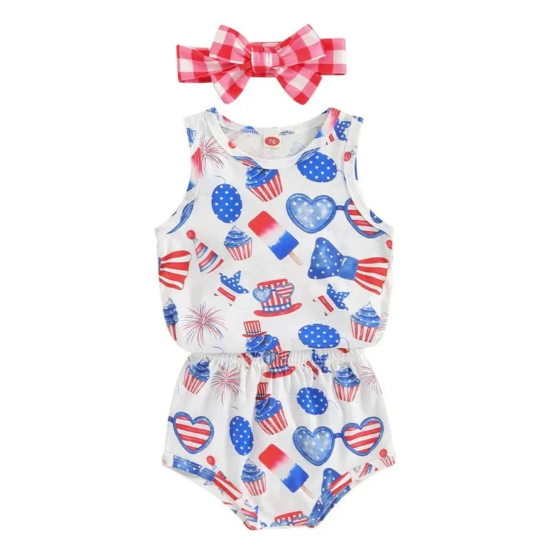 Baby Girls 3Pcs Independence Day Clothing Sets Sleeveless Tank Top Cartoon Heart Flag Fireworks 4th of July Pattern Print Romper Shorts Set Headband Outfit