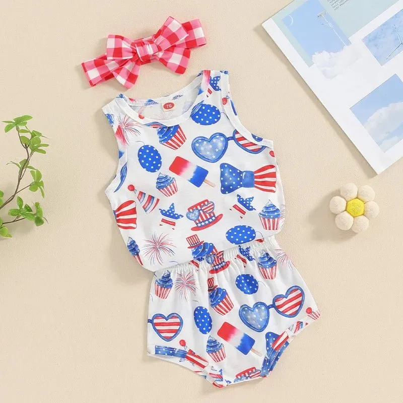 Baby Girls 3Pcs Independence Day Clothing Sets Sleeveless Tank Top Cartoon Heart Flag Fireworks 4th of July Pattern Print Romper Shorts Set Headband Outfit