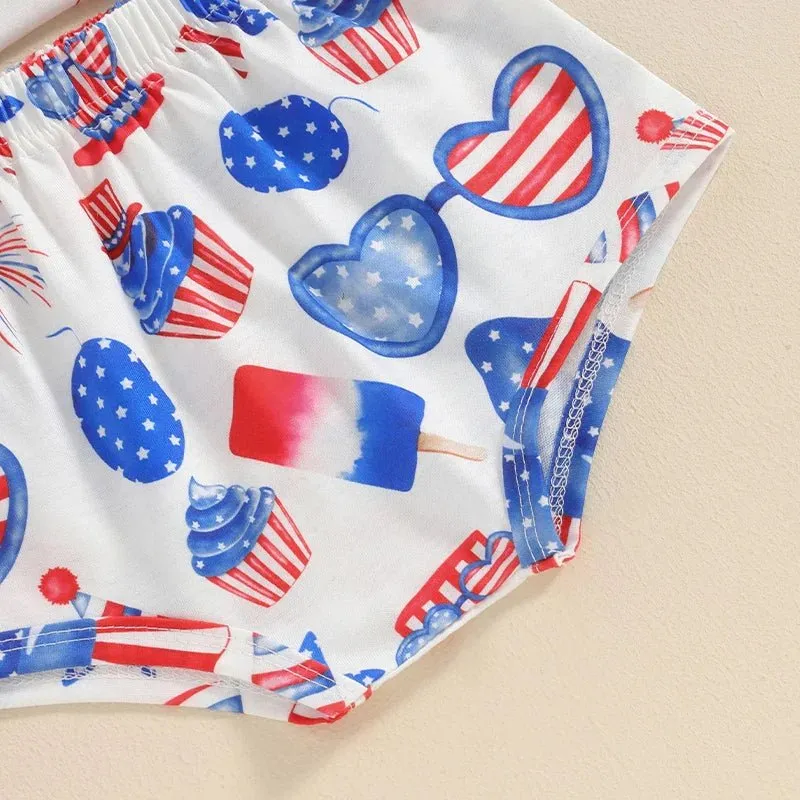 Baby Girls 3Pcs Independence Day Clothing Sets Sleeveless Tank Top Cartoon Heart Flag Fireworks 4th of July Pattern Print Romper Shorts Set Headband Outfit