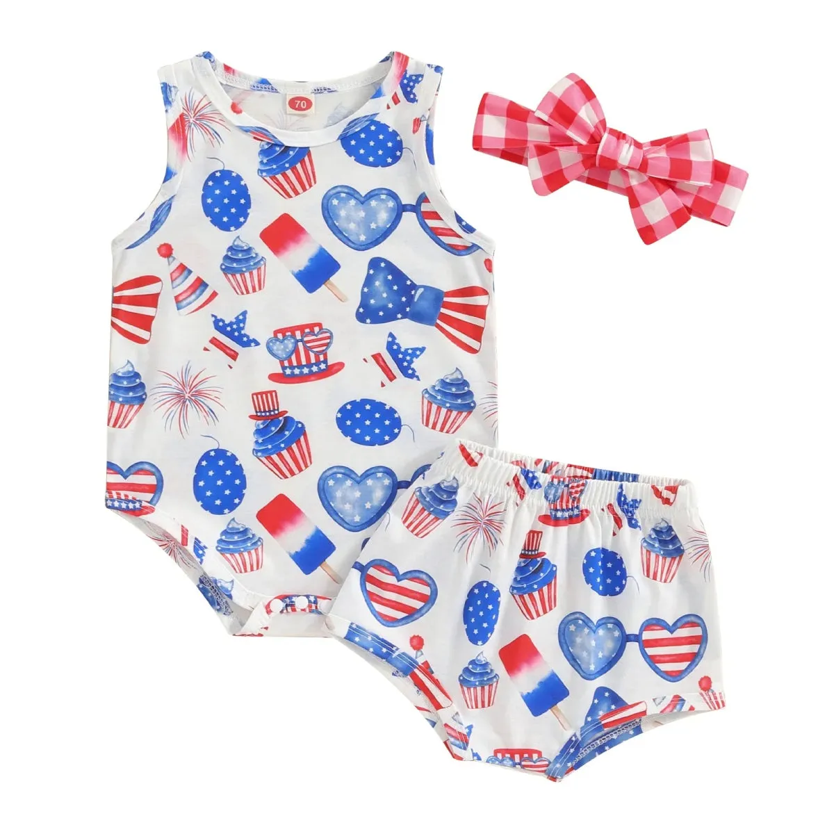 Baby Girls 3Pcs Independence Day Clothing Sets Sleeveless Tank Top Cartoon Heart Flag Fireworks 4th of July Pattern Print Romper Shorts Set Headband Outfit