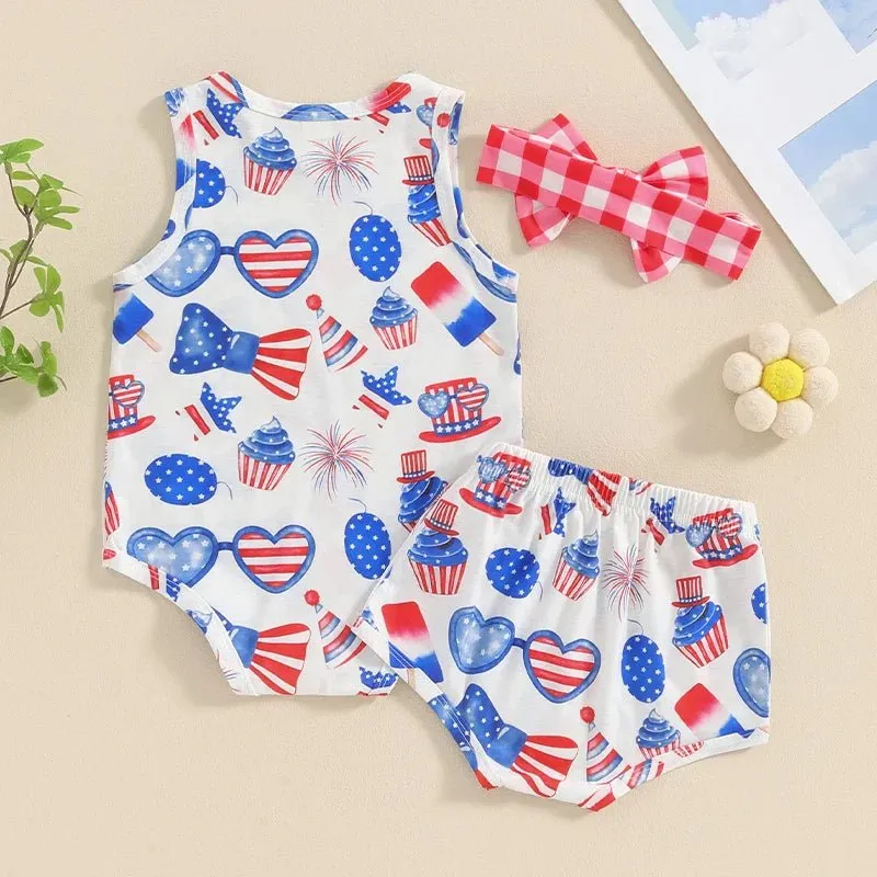 Baby Girls 3Pcs Independence Day Clothing Sets Sleeveless Tank Top Cartoon Heart Flag Fireworks 4th of July Pattern Print Romper Shorts Set Headband Outfit