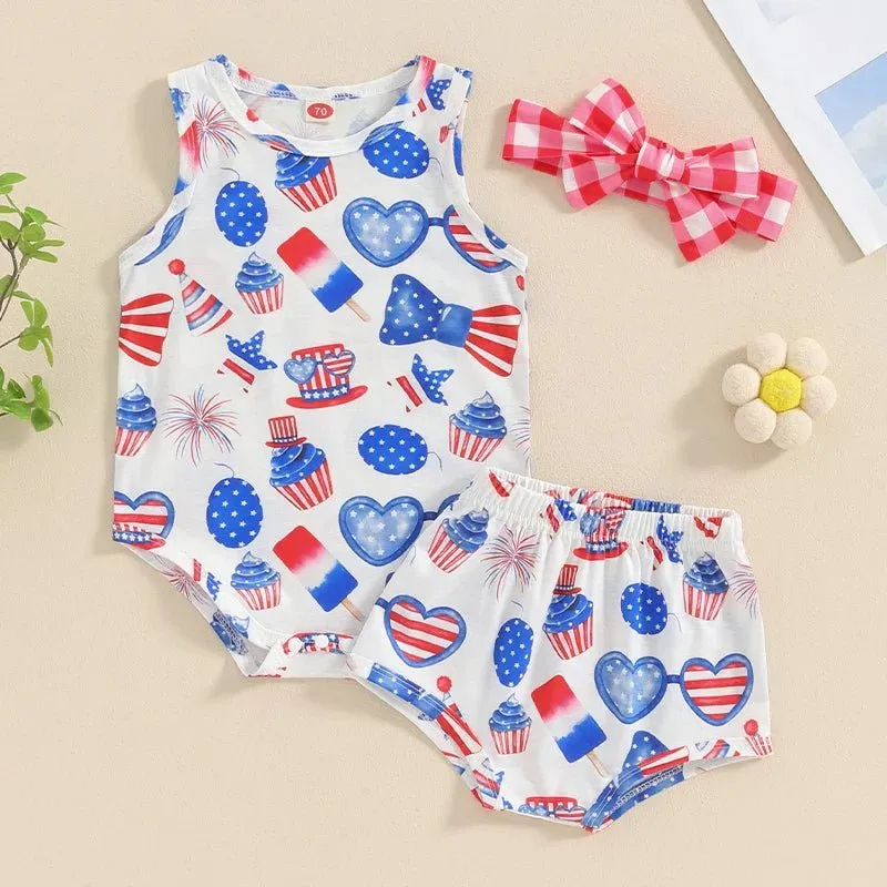 Baby Girls 3Pcs Independence Day Clothing Sets Sleeveless Tank Top Cartoon Heart Flag Fireworks 4th of July Pattern Print Romper Shorts Set Headband Outfit