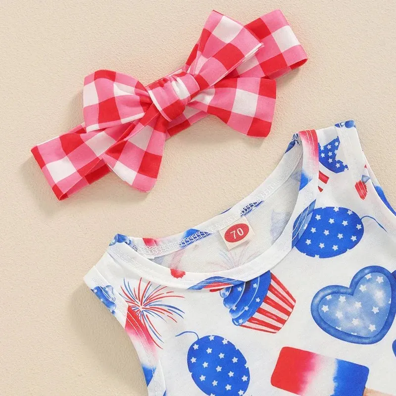 Baby Girls 3Pcs Independence Day Clothing Sets Sleeveless Tank Top Cartoon Heart Flag Fireworks 4th of July Pattern Print Romper Shorts Set Headband Outfit