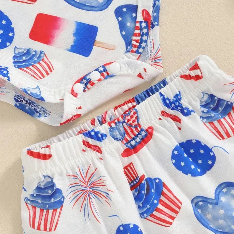 Baby Girls 3Pcs Independence Day Clothing Sets Sleeveless Tank Top Cartoon Heart Flag Fireworks 4th of July Pattern Print Romper Shorts Set Headband Outfit