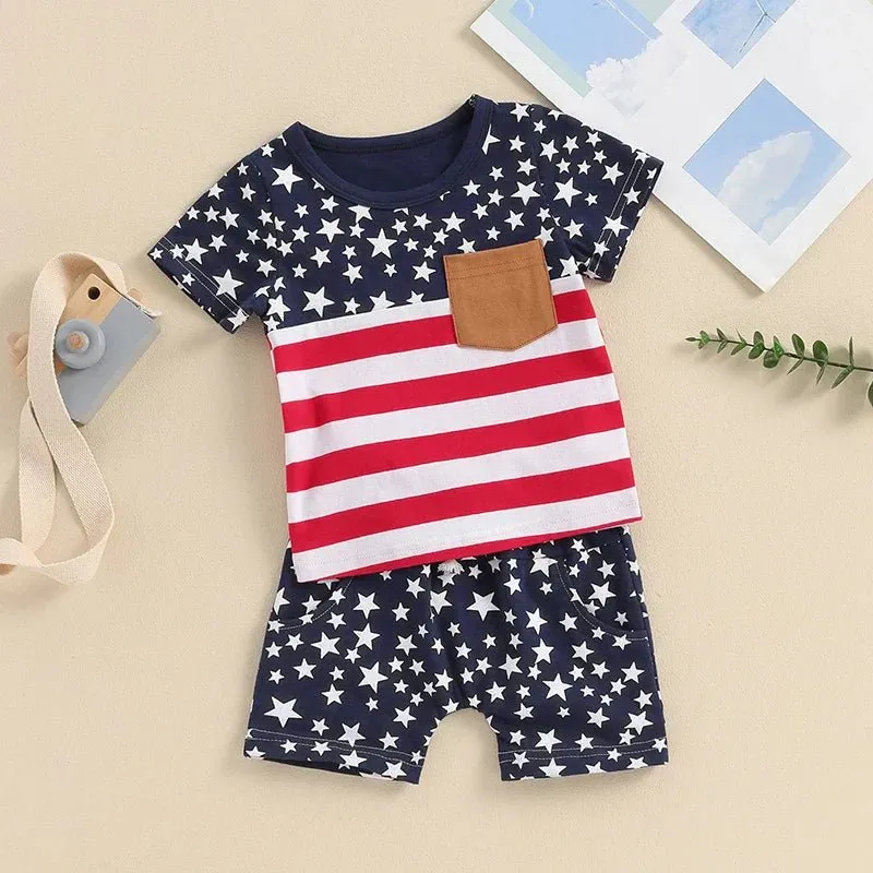 Baby Toddler Boys 2Pcs 4th of July Outfits O-Neck Short Sleeve Stars and Stripes Top   Elastic Waist Star Print Shorts Summer Set