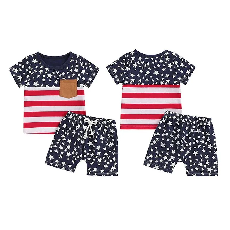 Baby Toddler Boys 2Pcs 4th of July Outfits O-Neck Short Sleeve Stars and Stripes Top   Elastic Waist Star Print Shorts Summer Set