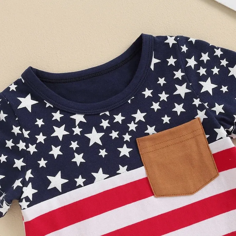 Baby Toddler Boys 2Pcs 4th of July Outfits O-Neck Short Sleeve Stars and Stripes Top   Elastic Waist Star Print Shorts Summer Set