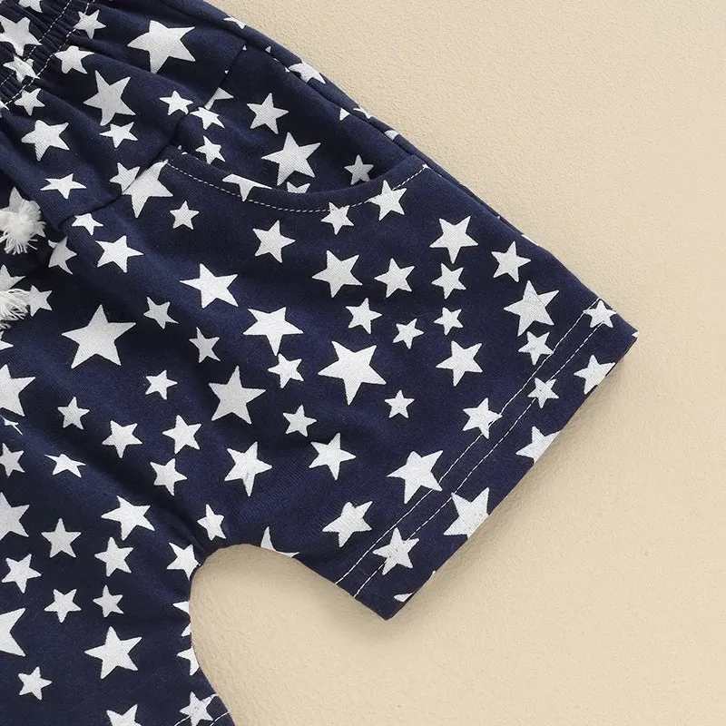 Baby Toddler Boys 2Pcs 4th of July Outfits O-Neck Short Sleeve Stars and Stripes Top   Elastic Waist Star Print Shorts Summer Set