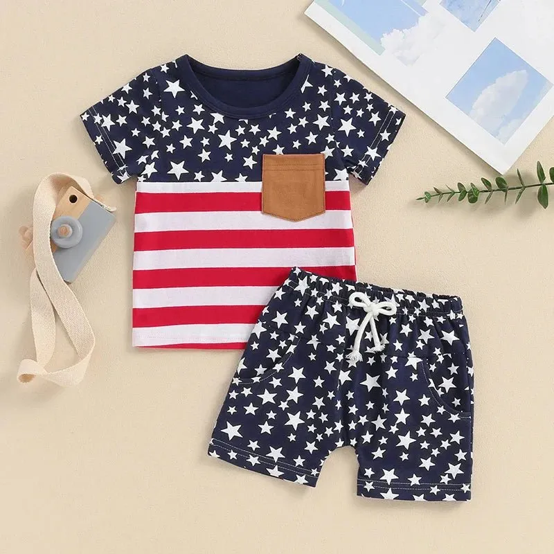 Baby Toddler Boys 2Pcs 4th of July Outfits O-Neck Short Sleeve Stars and Stripes Top   Elastic Waist Star Print Shorts Summer Set