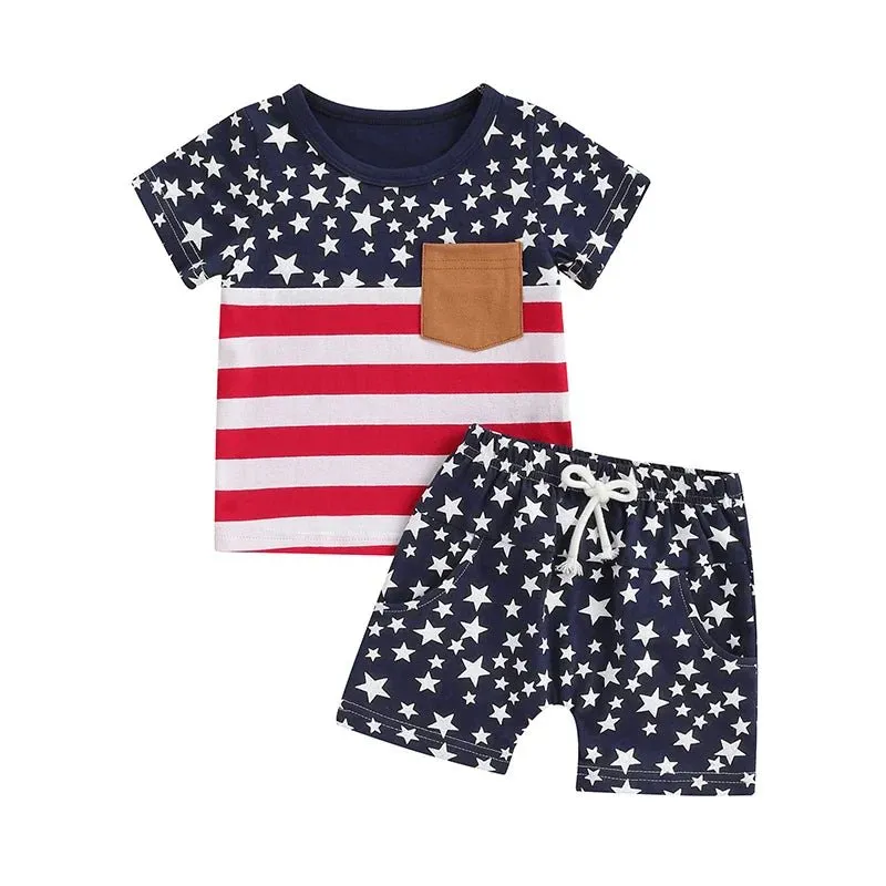 Baby Toddler Boys 2Pcs 4th of July Outfits O-Neck Short Sleeve Stars and Stripes Top   Elastic Waist Star Print Shorts Summer Set