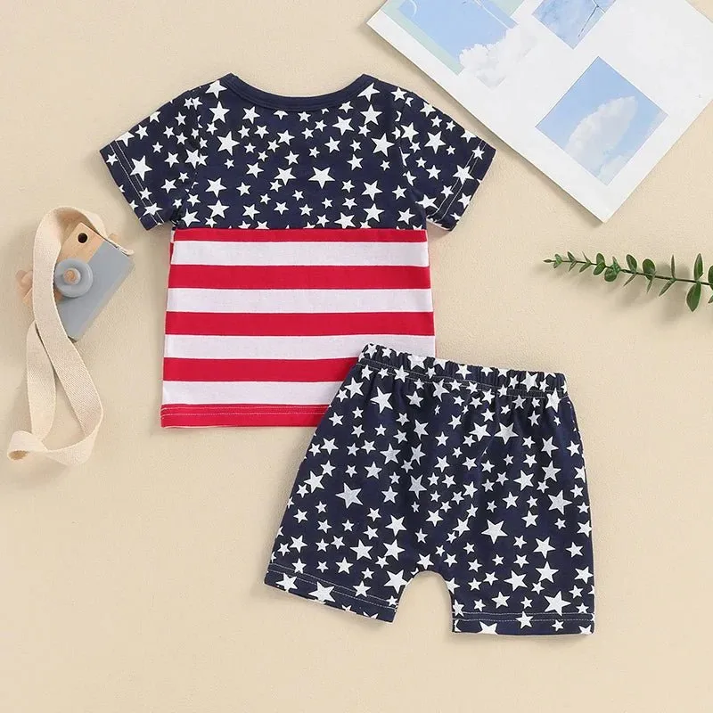 Baby Toddler Boys 2Pcs 4th of July Outfits O-Neck Short Sleeve Stars and Stripes Top   Elastic Waist Star Print Shorts Summer Set