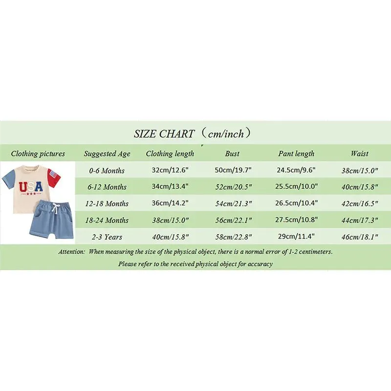 Baby Toddler Boys 2Pcs 4th of July Short Sleeve Letter USA Embroidery Flag Top Solid Color Drawstring Shorts Set