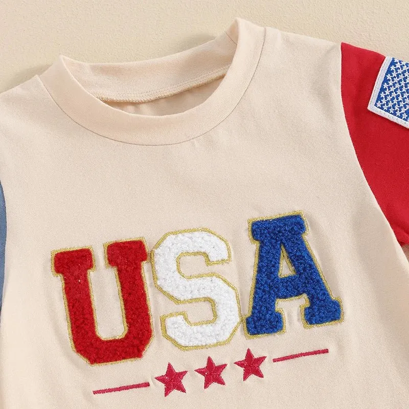 Baby Toddler Boys 2Pcs 4th of July Short Sleeve Letter USA Embroidery Flag Top Solid Color Drawstring Shorts Set