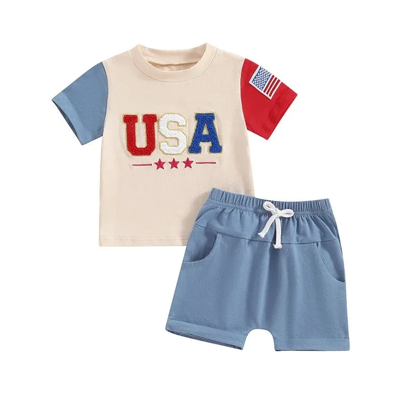 Baby Toddler Boys 2Pcs 4th of July Short Sleeve Letter USA Embroidery Flag Top Solid Color Drawstring Shorts Set