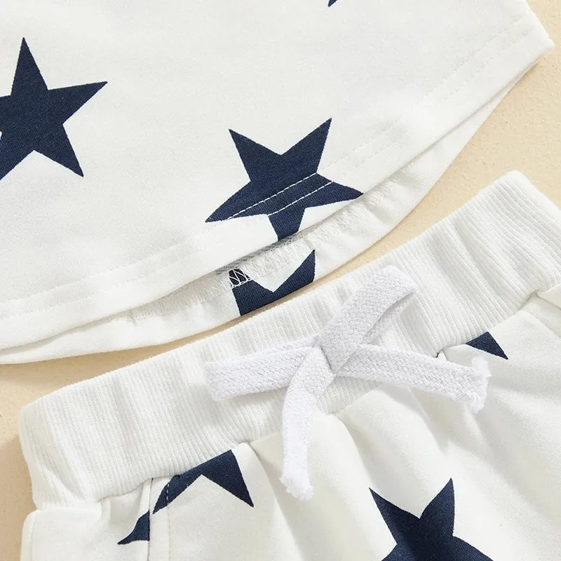 Baby Toddler Boys 2Pcs USA 4th of July Clothes Set Short Sleeve Embroidery Letters Top with Stars Print Shorts Outfit