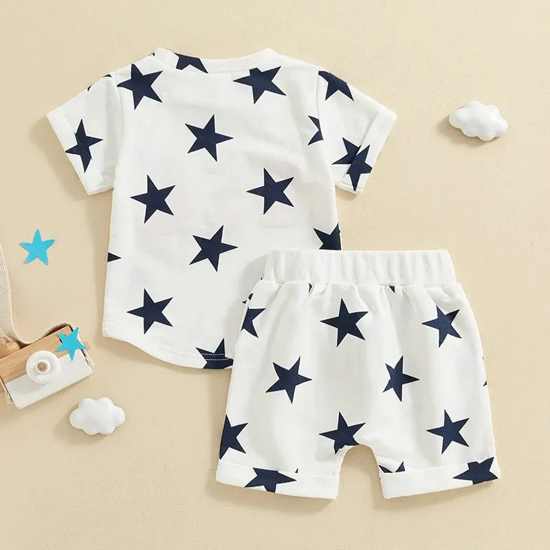 Baby Toddler Boys 2Pcs USA 4th of July Clothes Set Short Sleeve Embroidery Letters Top with Stars Print Shorts Outfit