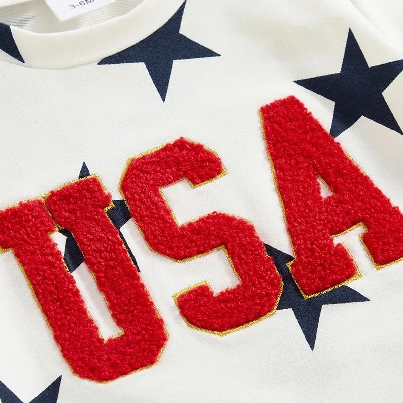 Baby Toddler Boys 2Pcs USA 4th of July Clothes Set Short Sleeve Embroidery Letters Top with Stars Print Shorts Outfit