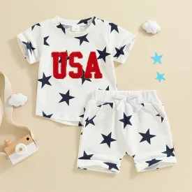 Baby Toddler Boys 2Pcs USA 4th of July Clothes Set Short Sleeve Embroidery Letters Top with Stars Print Shorts Outfit