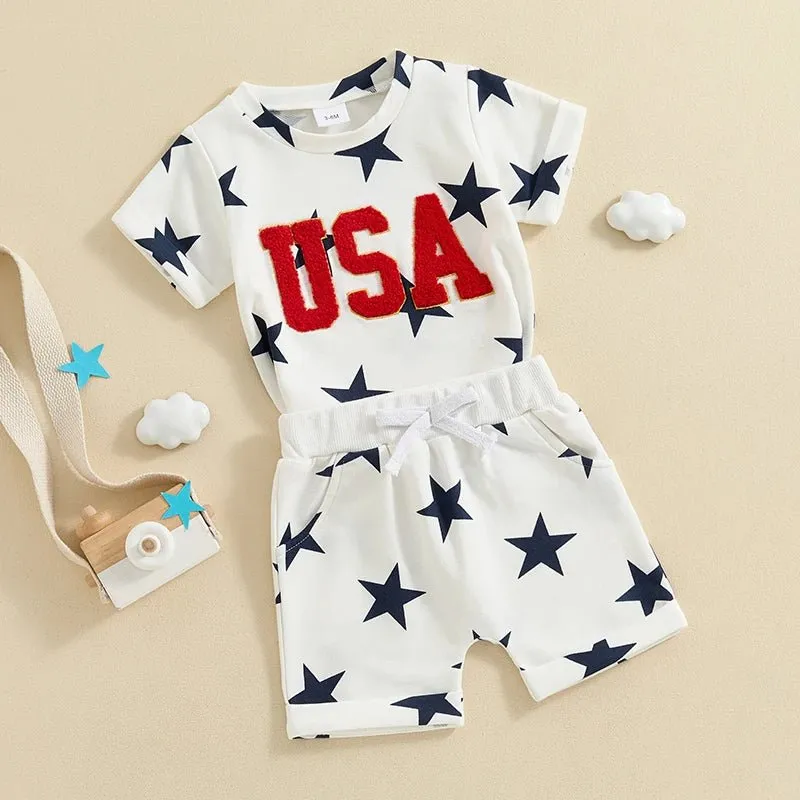 Baby Toddler Boys 2Pcs USA 4th of July Clothes Set Short Sleeve Embroidery Letters Top with Stars Print Shorts Outfit