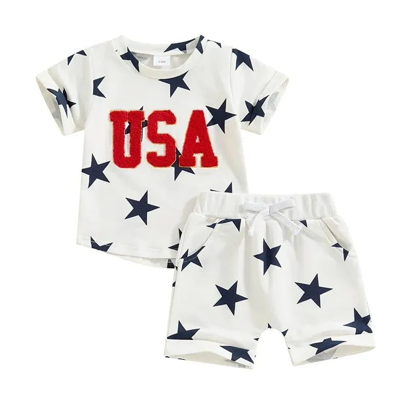 Baby Toddler Boys 2Pcs USA 4th of July Clothes Set Short Sleeve Embroidery Letters Top with Stars Print Shorts Outfit