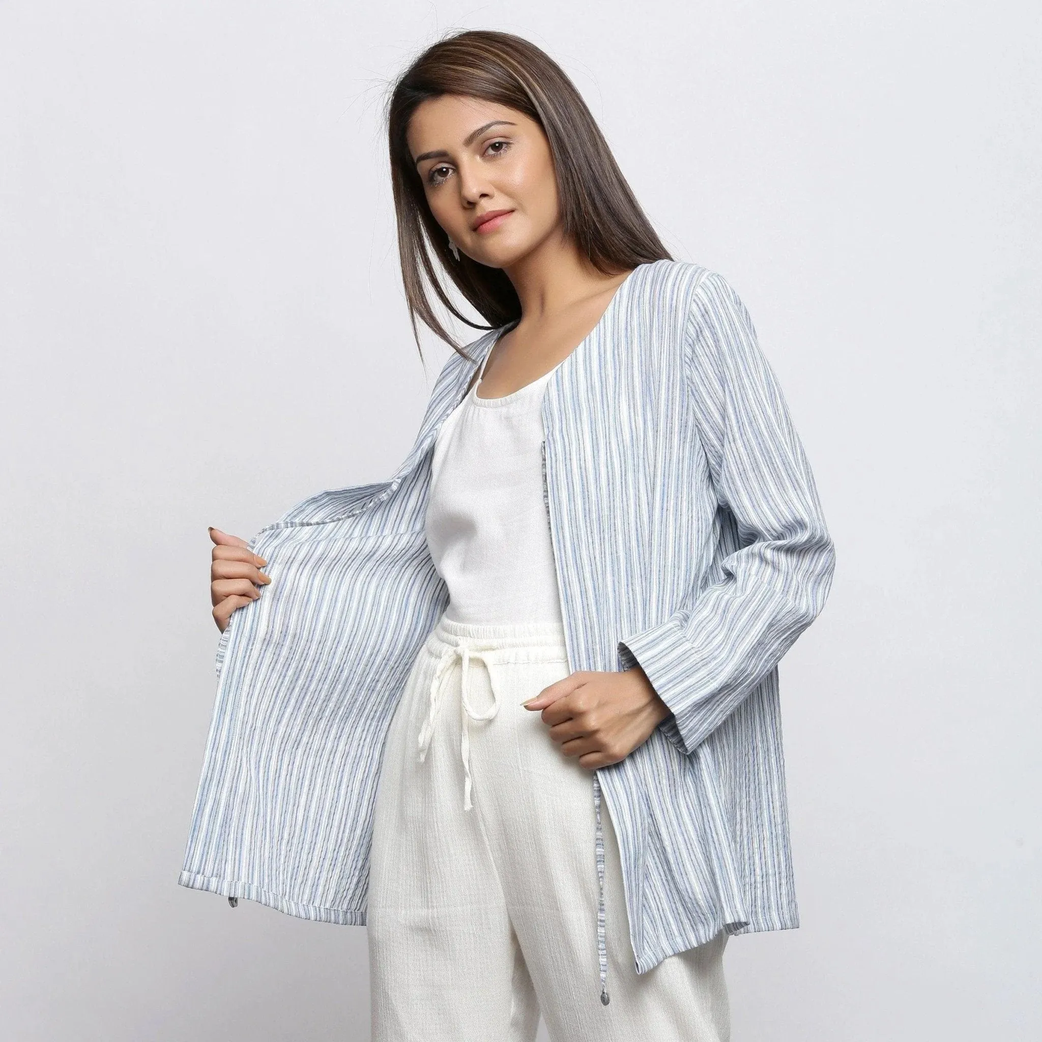 Blue and White Striped Cotton V-Neck Short Shrug