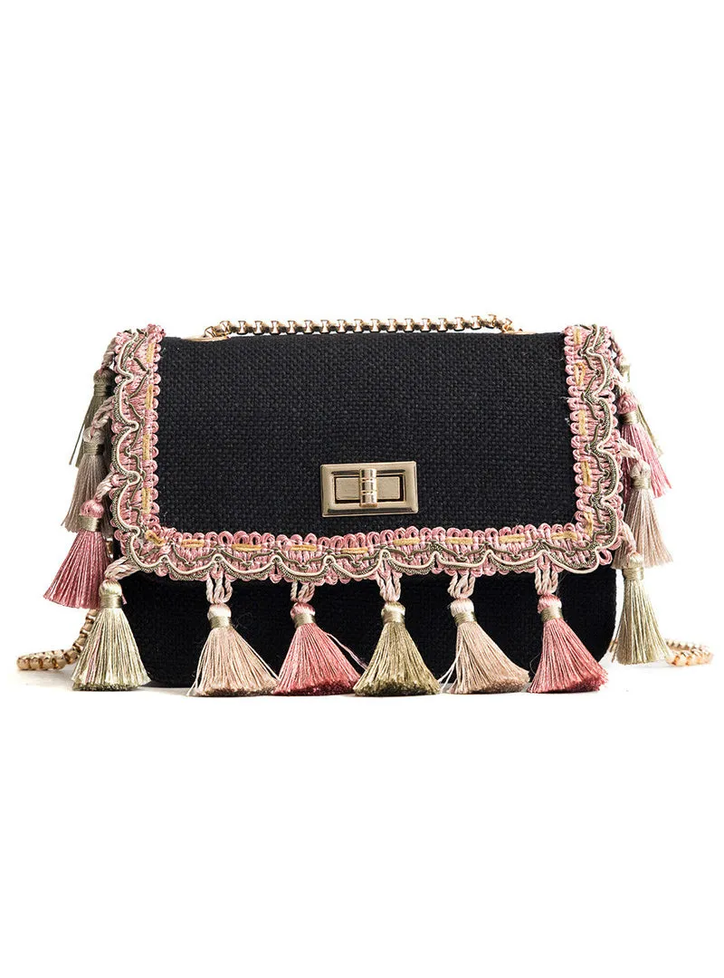 Boho Fringe Mini Chain Shoulder Bag Canvas National