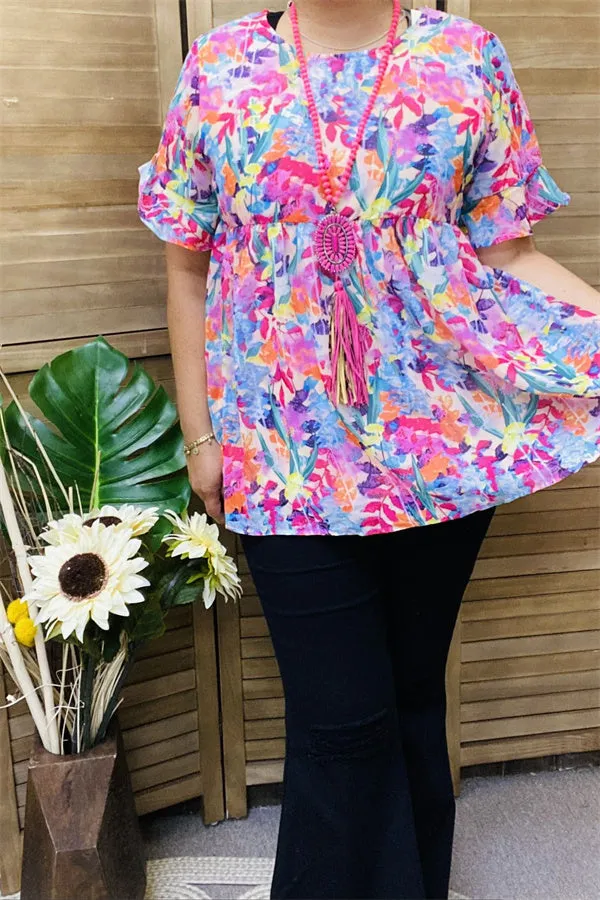 BQ15647 Colorful floral printed short sleeve w/ruffle baby-doll women blouse/tops